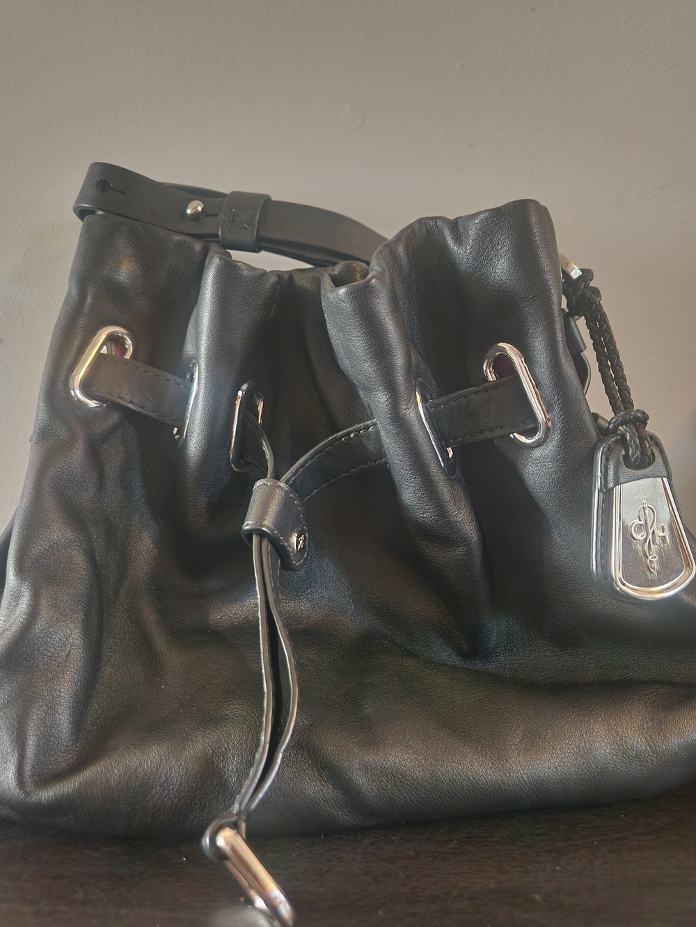 Black Leather Drawstring Men’s Bag